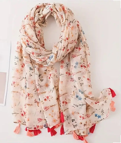 Maryam's Essential Flower Printed Cotton Viscose Tassels Hijab