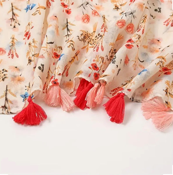 Maryam's Essential Flower Printed Cotton Viscose Tassels Hijab