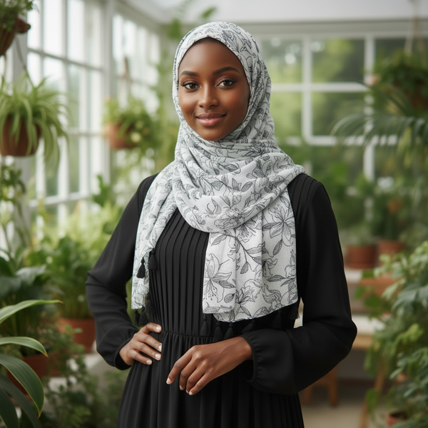 Maryam's Essential Plant Printed Cotton Viscose Tassels Hijab