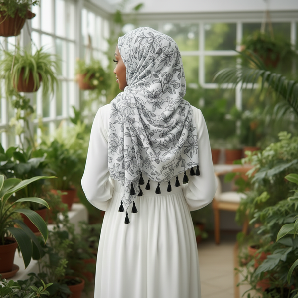 Maryam's Essential Plant Printed Cotton Viscose Tassels Hijab