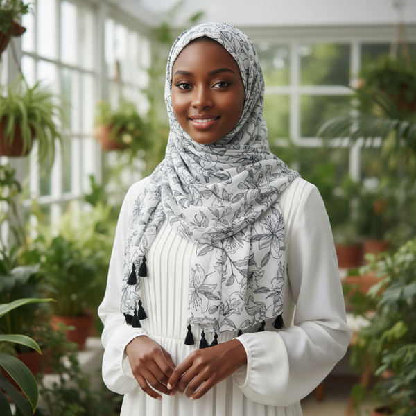 Maryam's Essential Plant Printed Cotton Viscose Tassels Hijab