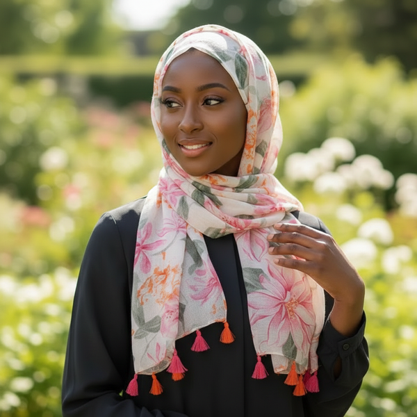 Maryam's Essential Floral Printed Cotton Viscose Tassels Hijab