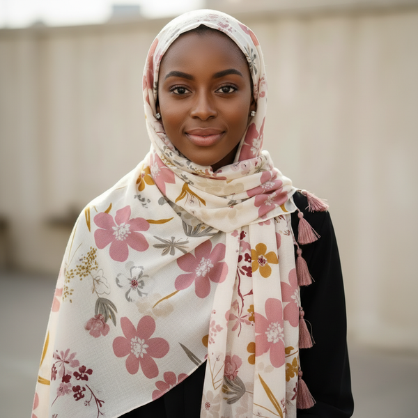 Maryam's Essential Flower Printed Cotton Viscose Tassels Hijab
