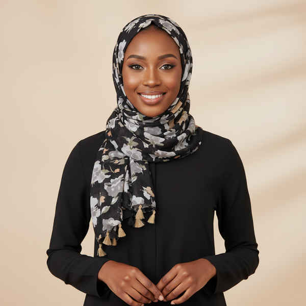 Maryam's Essential Floral Printed Cotton Viscose Tassels Hijab