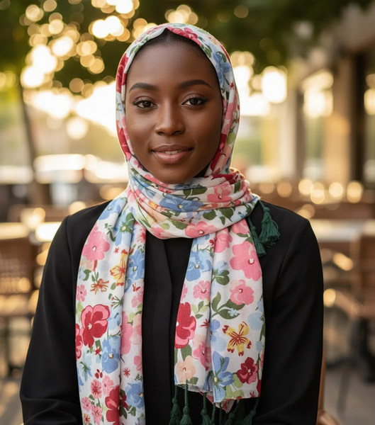 Maryam's Essential Floral Printed Cotton Viscose Tassels Hijab