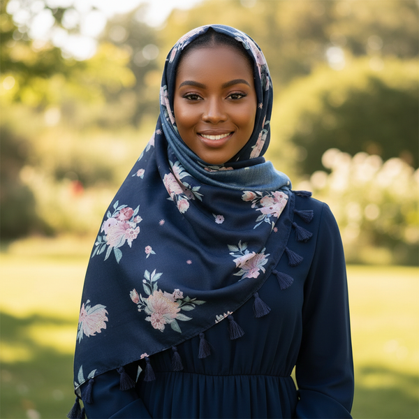 Maryam's Essential Flower Printed Cotton Viscose Tassels Hijab