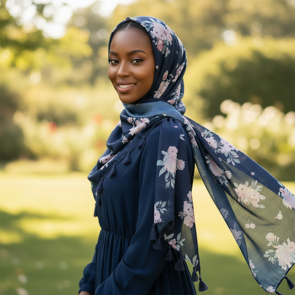 Maryam's Essential Flower Printed Cotton Viscose Tassels Hijab