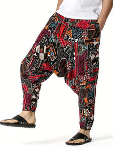Maryam’s Essential Men Plus Size Vintage  Stitching Print Harem Baggy Trouser