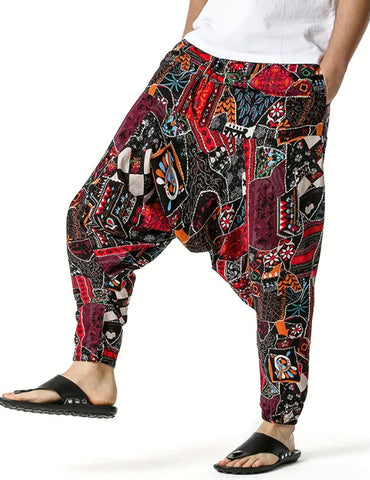 Maryam’s Essential Men Plus Size Vintage  Stitching Print Harem Baggy Trouser
