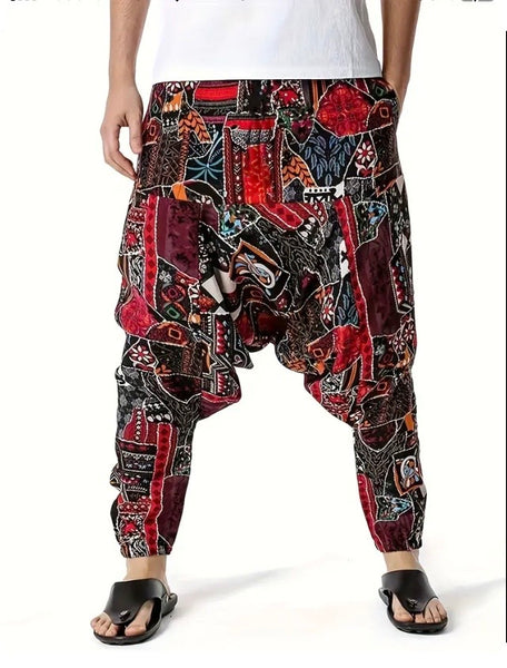 Maryam’s Essential Men Plus Size Vintage  Stitching Print Harem Baggy Trouser