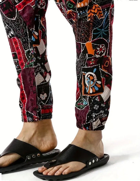 Maryam’s Essential Men Plus Size Vintage  Stitching Print Harem Baggy Trouser