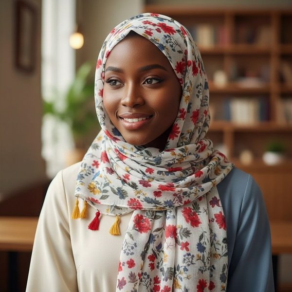 Maryam's Essential Flower Printed Cotton Viscose Tassels Hijab