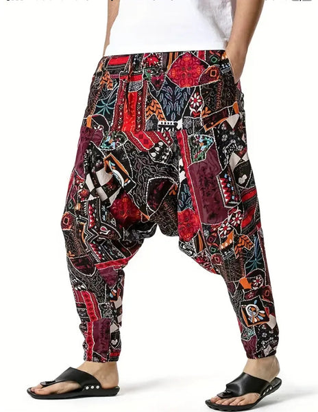 Maryam’s Essential Men Plus Size Vintage  Stitching Print Harem Baggy Trouser