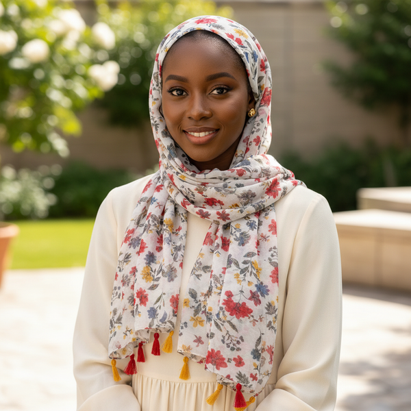 Maryam's Essential Flower Printed Cotton Viscose Tassels Hijab