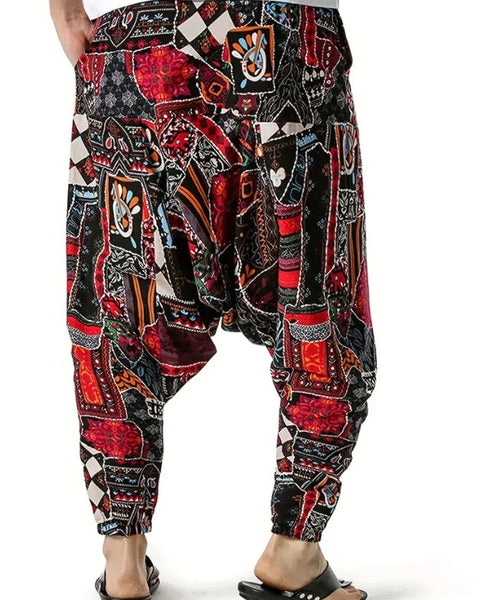 Maryam’s Essential Men Plus Size Vintage  Stitching Print Harem Baggy Trouser
