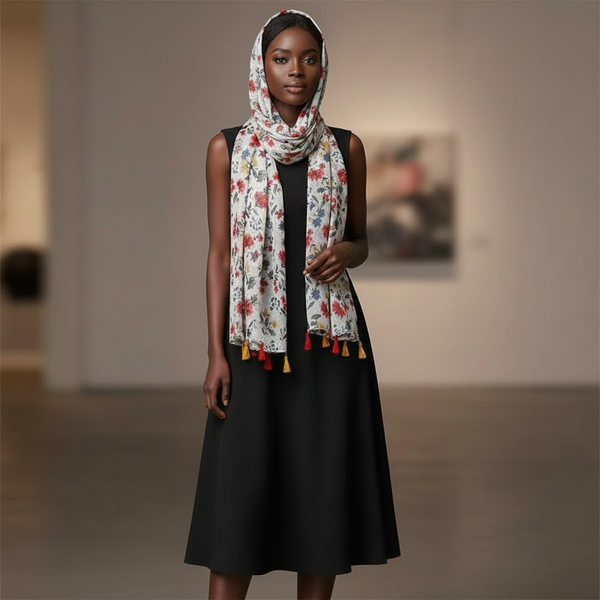 Maryam's Essential Flower Printed Cotton Viscose Tassels Hijab