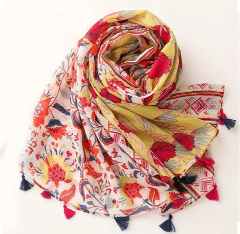 Maryam's Essential Flower Printed Cotton Viscose Tassels Hijab