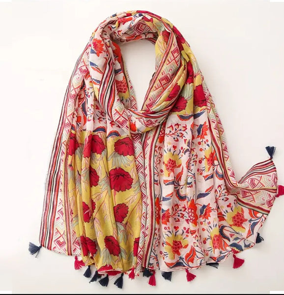 Maryam's Essential Flower Printed Cotton Viscose Tassels Hijab
