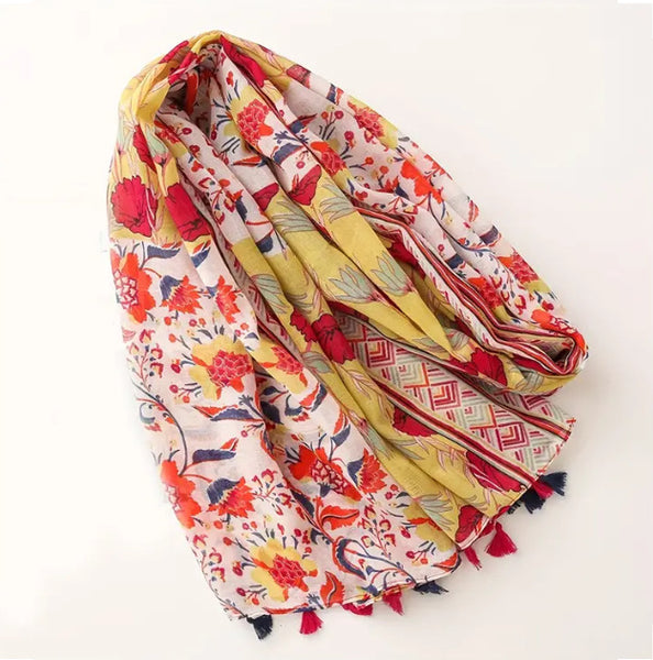 Maryam's Essential Flower Printed Cotton Viscose Tassels Hijab
