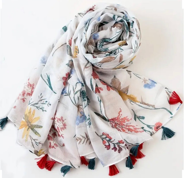 Maryam's Essential Floral Printed Cotton Viscose Tassels Hijab