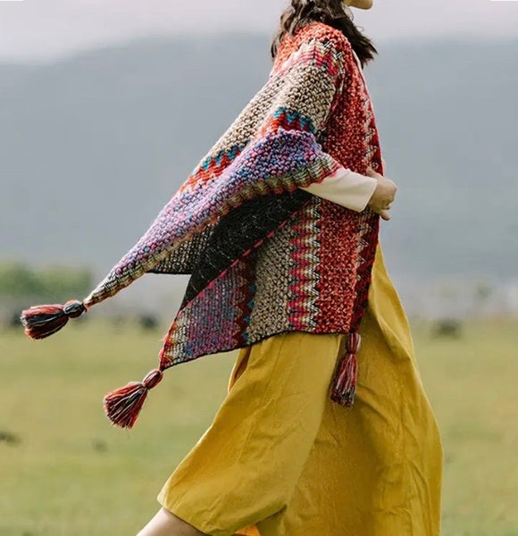 Maryam’s Essential Vintage Knit Chunky Cardigan Shawl Poncho with Tassels