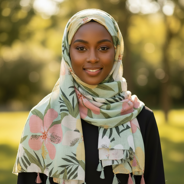 Maryam's Essential Floral Printed Cotton Viscose Tassels Hijab