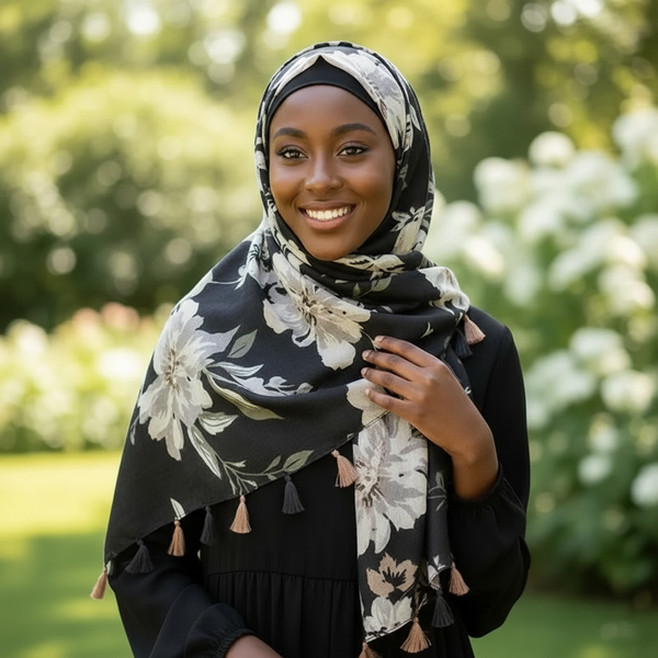 Maryam's Essential Floral Printed Cotton Viscose Tassels Hijab