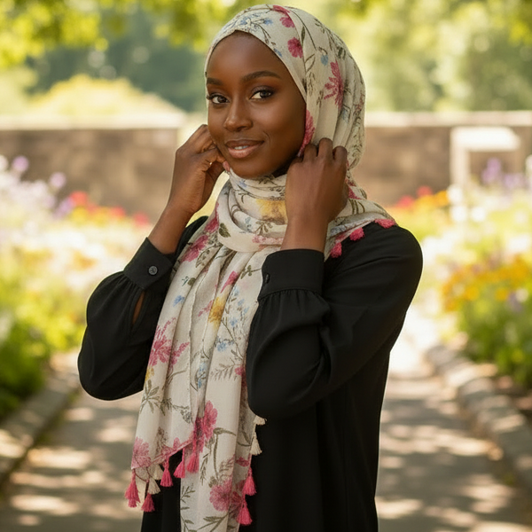 Maryam's Essential Flower Printed Cotton Linen Tassels Hijab