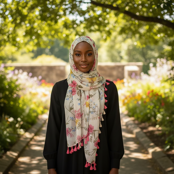 Maryam's Essential Flower Printed Cotton Linen Tassels Hijab