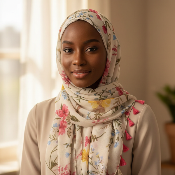 Maryam's Essential Flower Printed Cotton Linen Tassels Hijab