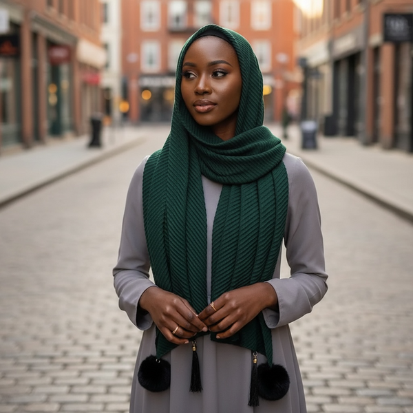 Maryam's Essential Premium Cotton Viscose Pleated Crinkle with Pom Pom Hijab