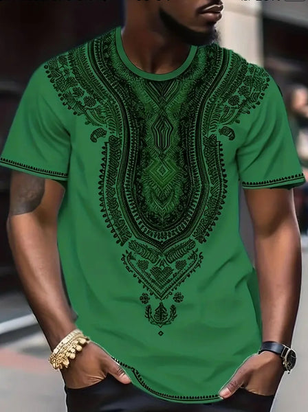Maryam’s Essential Men’s Ethnic Style Graphic Pattern Print Crew Neck, Short Sleeve Top Tank