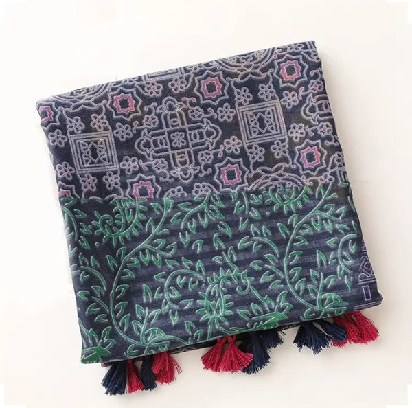 Maryam's Essential Flower Print Cotton Viscose Tassels Hijab