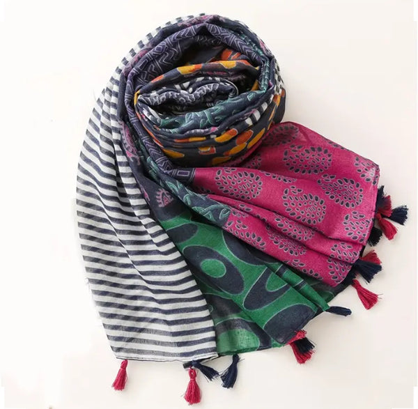 Maryam's Essential Flower Print Cotton Viscose Tassels Hijab