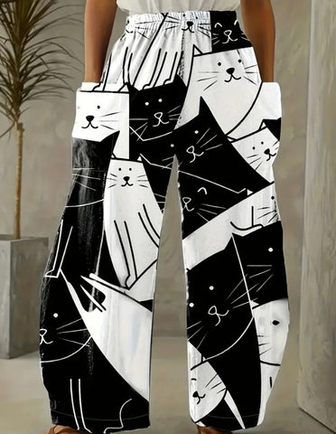 Maryam’s Essential Cat Print High Elastic Waist  Patch Pocket Wide Leg Pants