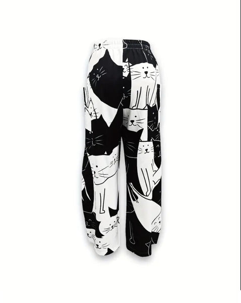 Maryam’s Essential Cat Print High Elastic Waist  Patch Pocket Wide Leg Pants