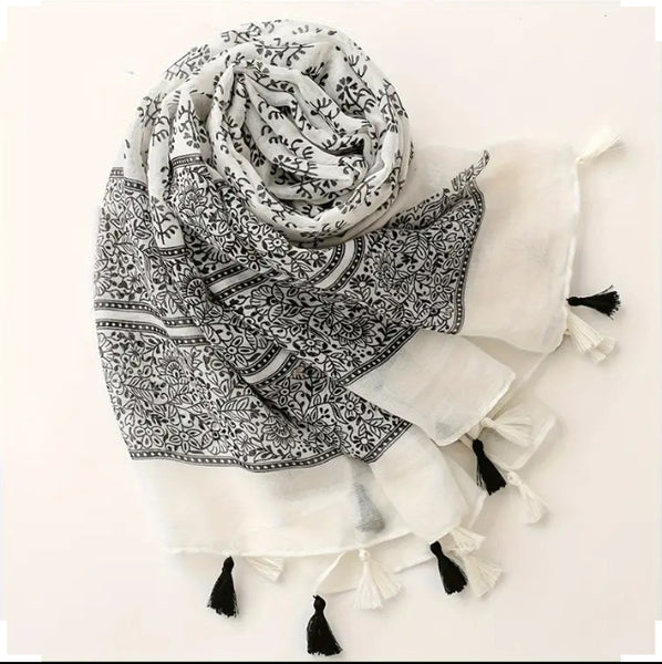 Maryam's Essential Printed Cotton Viscose Tassels Hijab