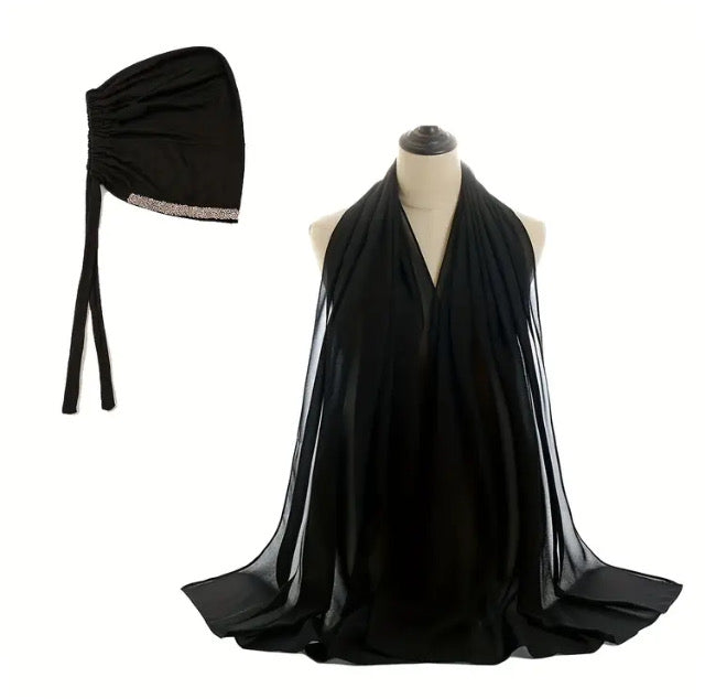 Maryam’s Essential Plain Chiffon Hijab & Diamanté Tie Back Cap Collection Set