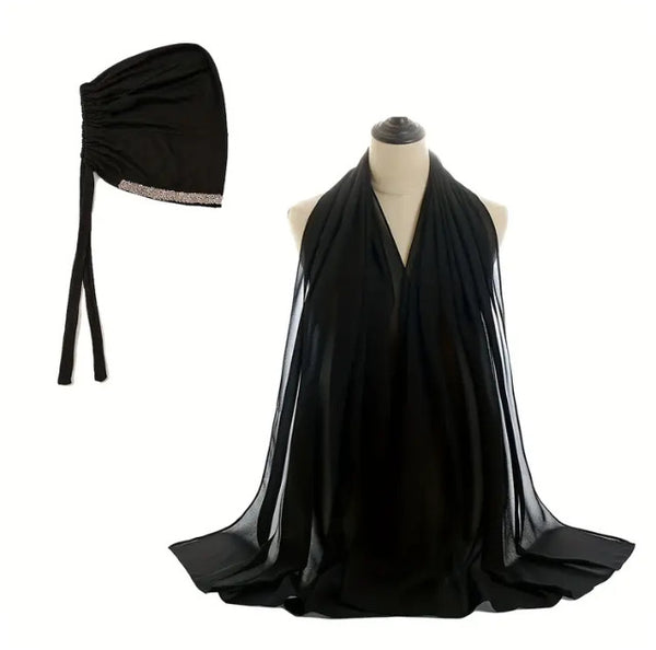 Maryam’s Essential Plain Chiffon Hijab & Diamanté Tie Back Cap Collection Set