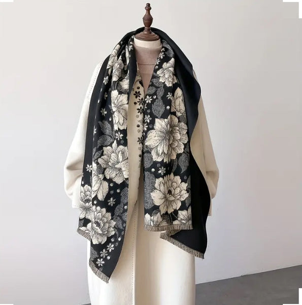 Maryam’s Essential Luxury Mature Versatile Reversible Warm Soft Printed Fringe Cashmere Scarf