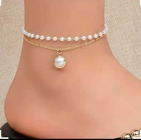 Maryam’s Essential Faux Pearls Beaded Temperament Double Layered Chain Anklet