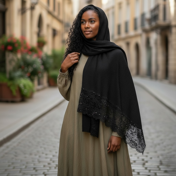 Maryam's Essential Plain Cotton Viscose Lace Edge Wrinkle with Beads Hijab