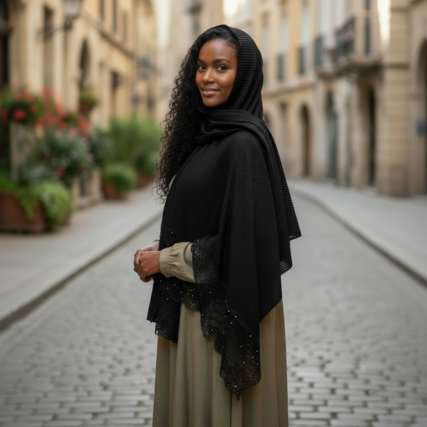 Maryam's Essential Plain Cotton Viscose Lace Edge Wrinkle with Beads Hijab
