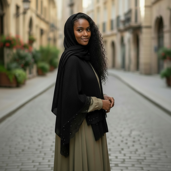 Maryam's Essential Plain Cotton Viscose Lace Edge Wrinkle with Beads Hijab