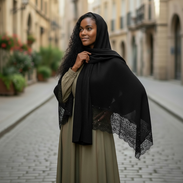Maryam's Essential Plain Cotton Viscose Lace Edge Wrinkle with Beads Hijab