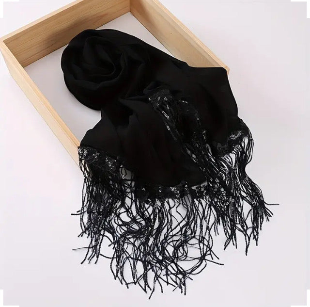 Maryam’s Essential Plain Premium Chiffon with Sequins Tassels Scarf/Hijab