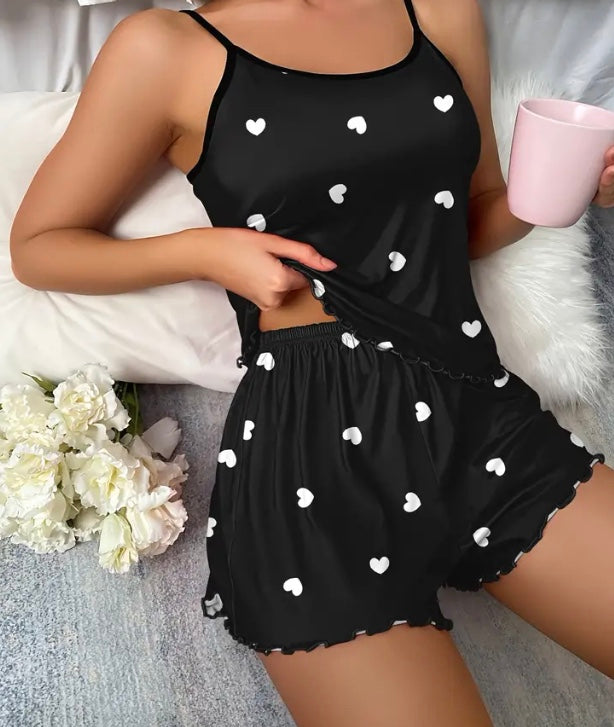Maryam’s Essential Heart Print Lettuce Trim Round Neck Cami Top & Short Set