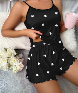 Maryam’s Essential Heart Print Lettuce Trim Round Neck Cami Top & Short Set