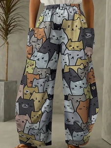 Maryam’s Essential Cat Print High Elastic Waist  Patch Pocket Flare Baggy Leg Pants