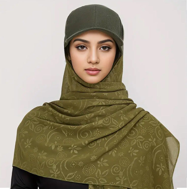 Maryam’s Essential Luxury All in One Baseball Cap with Printed Chiffon Hijab